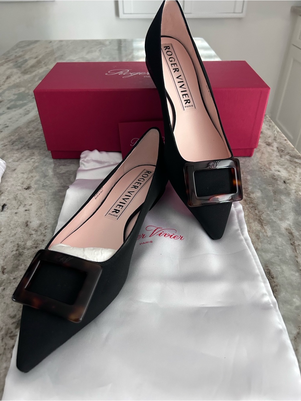 Roger Vivier Black Pointed Flats with Tortoiseshell Buckle. 41